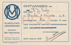 712318 Ontvangstbewijs voor de contributie betaald door de heer H.J. Rahr te Utrecht van de UMO, Rijwielpadvereeniging ...